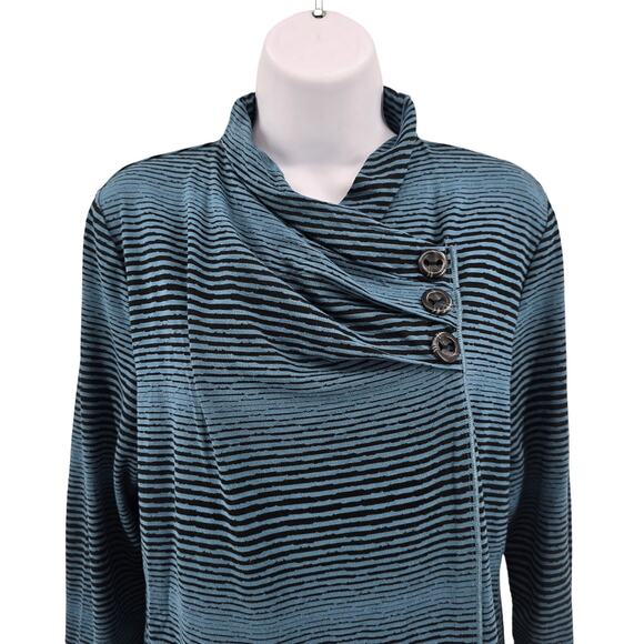 Habitat Teal Black Striped Button Cowl Neck Stretch Top Womens Small Long Sleeve - Picture 9 of 9